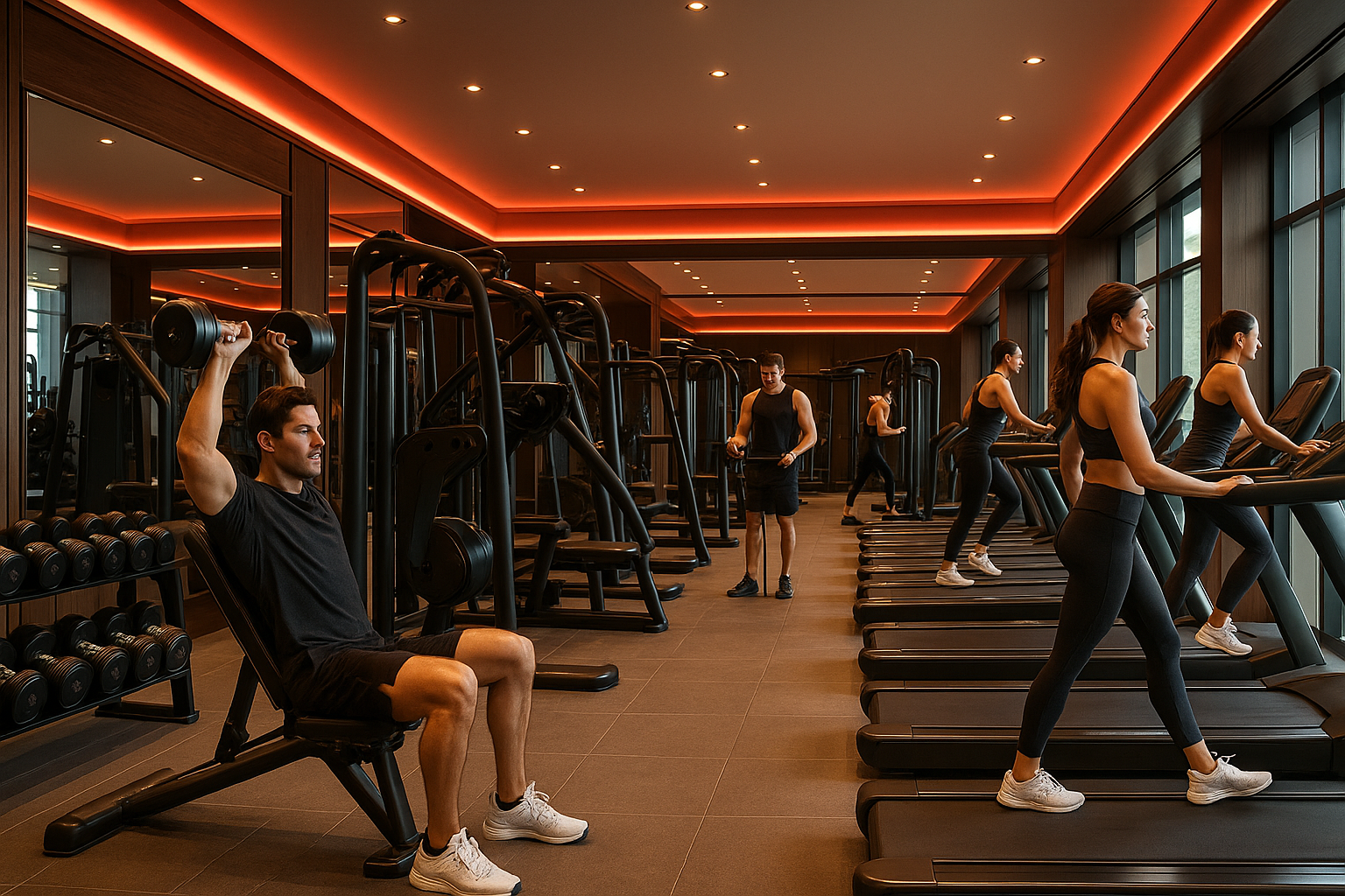 add in people working out but in a high end gym with red accent lighting around the ceiling