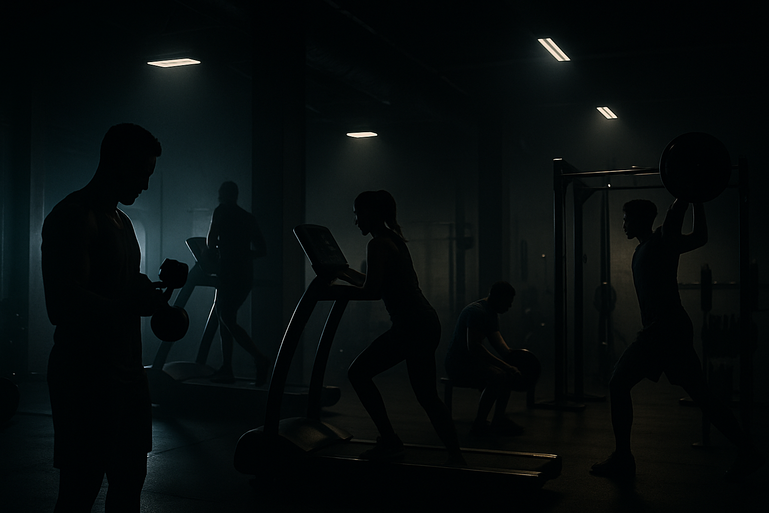 gym with people working out in dark setting